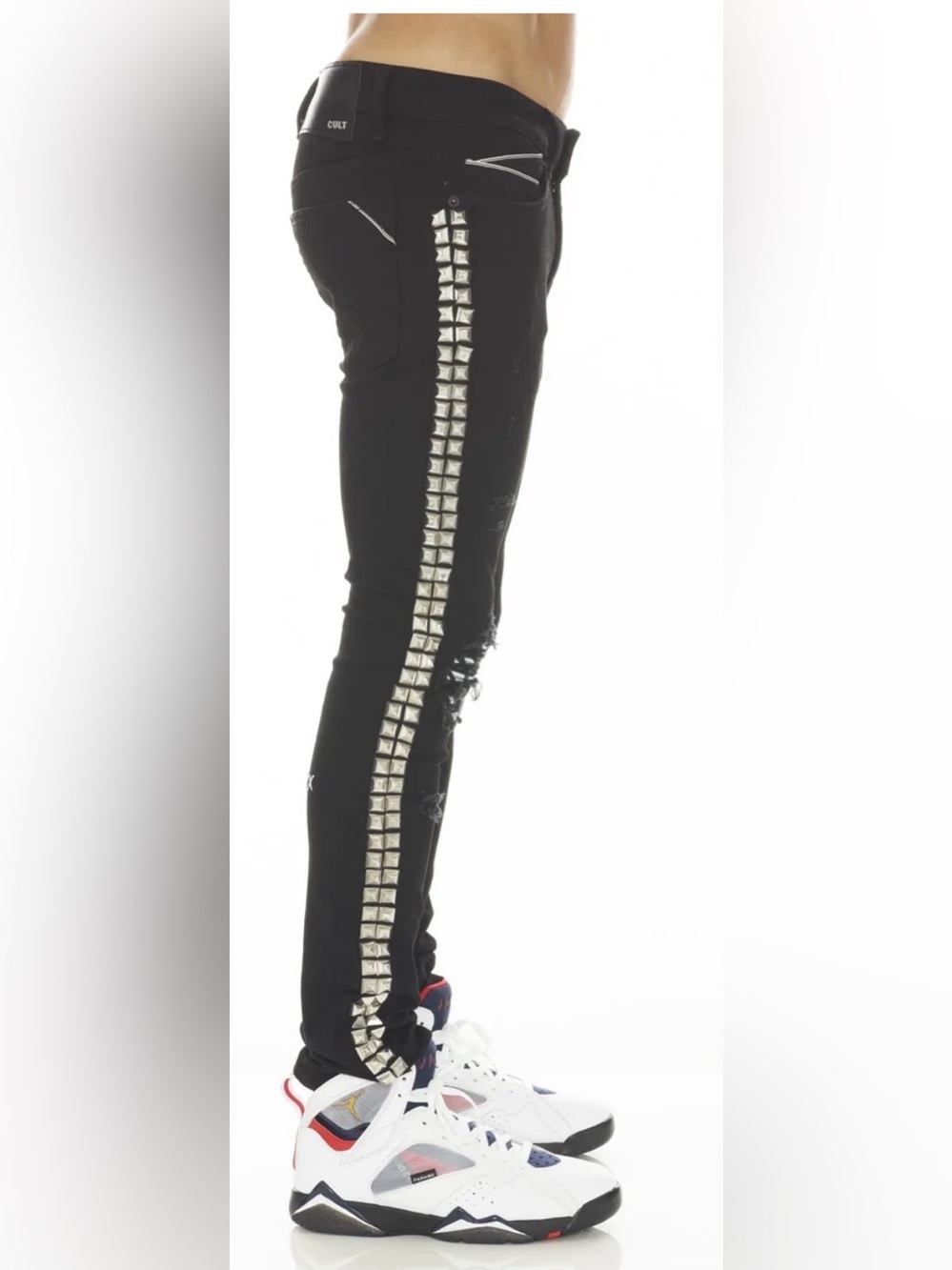 Cult of Individuality Black Skinny Pants with Silver Stud Side Stripe